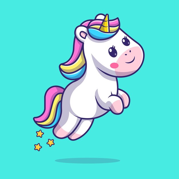 Lindo unicornio saltando con estrella Cartoon Vector icono ilustración. Concepto de icono de naturaleza animal aislado