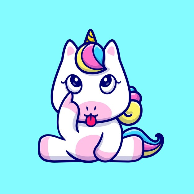Lindo unicornio sentado y burlándose de dibujos animados Vector icono ilustración. Icono de naturaleza animal plano aislado