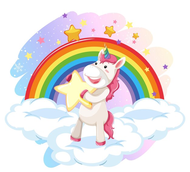 Lindo unicornio sentado en una nube con arco iris