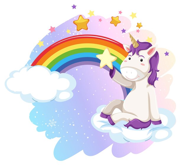 Lindo unicornio sentado en una nube con arco iris