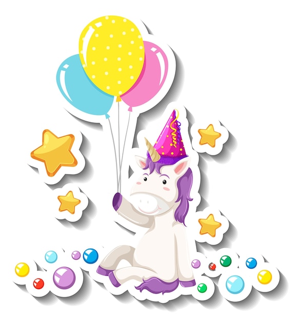 Lindo unicornio sentado pose y sosteniendo globos sobre fondo blanco.