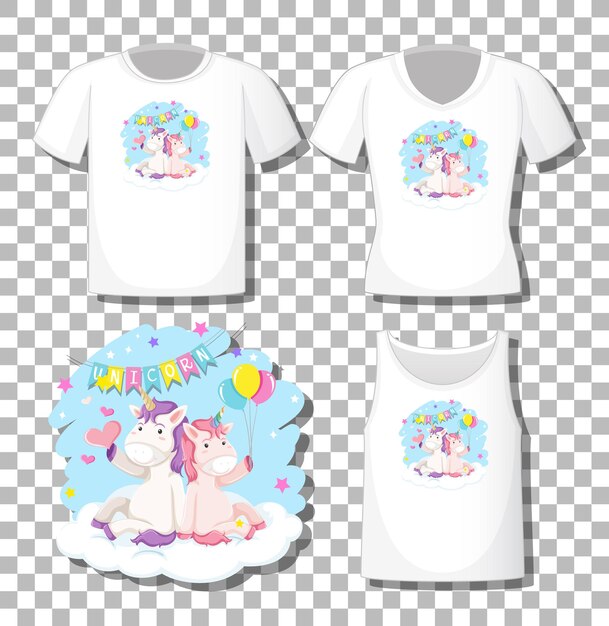 Lindo unicornio se sienta en el personaje de dibujos animados de la nube con un conjunto de diferentes camisas aisladas sobre fondo transparente