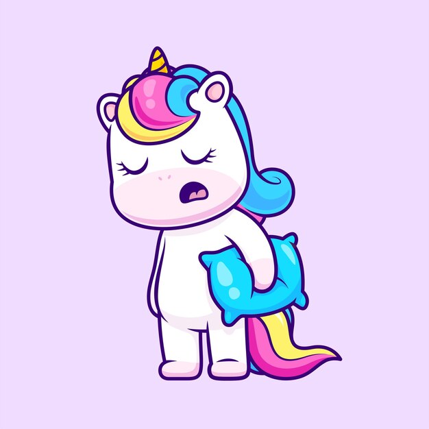 Lindo Unicornio Soñoliento Sosteniendo Almohada Dibujos Animados Vector Icono Ilustración Animal Naturaleza Icono Aislado