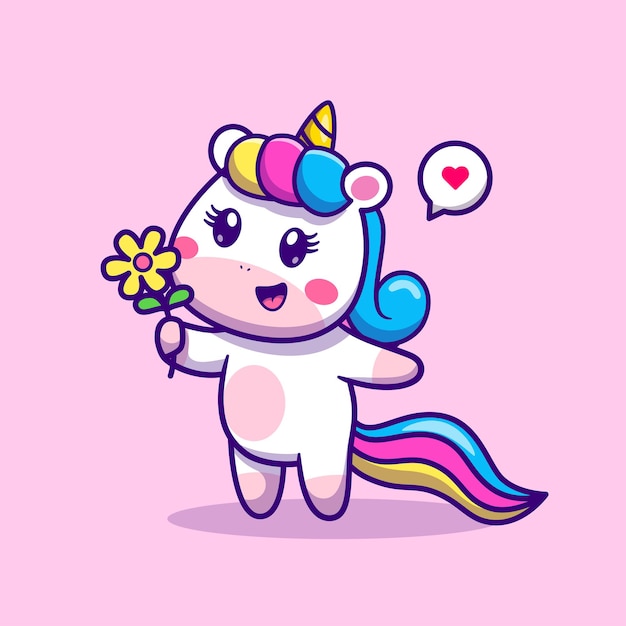 Lindo Unicornio Sosteniendo Flor Dibujos Animados Vector Icono Ilustración. Concepto de icono de naturaleza animal aislado Premium Vector. Estilo de dibujos animados plana