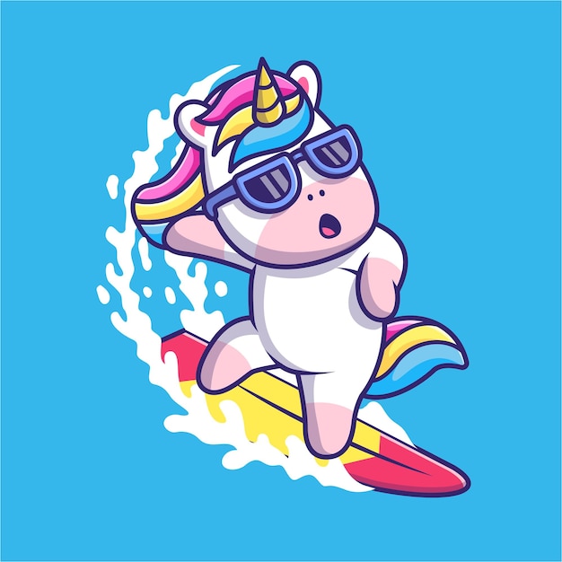 Vector gratuito lindo unicornio surfeando en la playa dibujos animados vector icono ilustración. concepto de icono de vacaciones de animales aislado