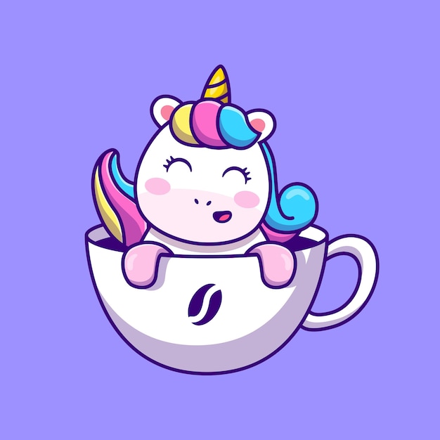 Lindo unicornio en taza de café ilustración vectorial de dibujos animados concepto de comida y bebida animal aislado vector premium. Estilo de dibujos animados plana
