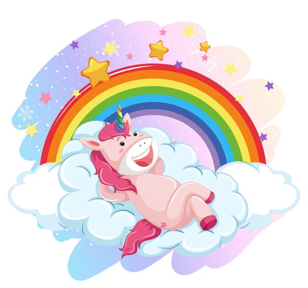 Lindo unicornio tendido en la nube en el cielo pastel con arco iris