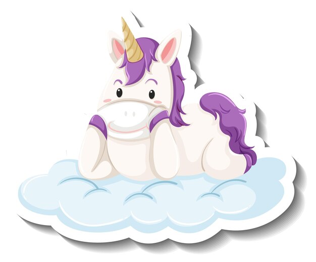 Lindo unicornio tendido en la nube sobre fondo blanco.