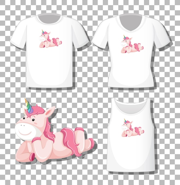 Lindo unicornio tendido personaje de dibujos animados con un conjunto de diferentes camisas aislado sobre fondo transparente