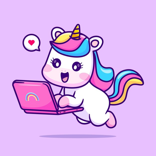Lindo Unicornio Trabajando En Laptop Dibujos Animados Vector Icono Ilustración Animal Tecnología Icono Concepto Plano