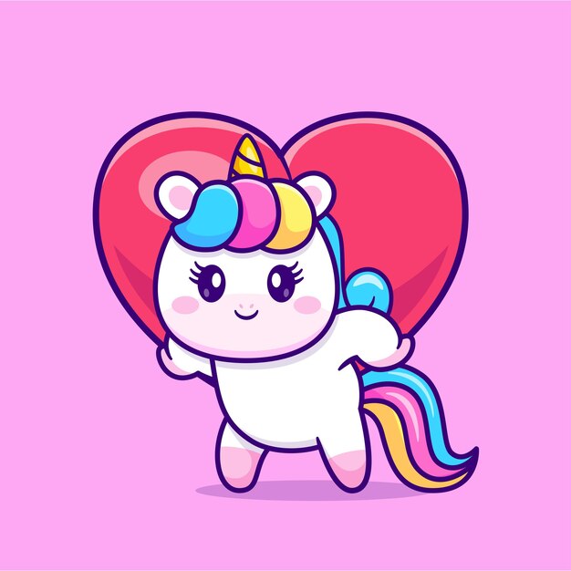 Lindo Unicornio Trae Amor Corazón Dibujos Animados Vector Icono Ilustración. Concepto de icono de amor animal aislado Premium Vector. Estilo de dibujos animados plana