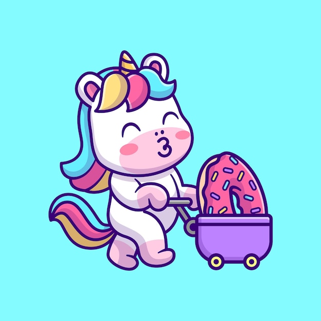 Lindo unicornio trae donut con ilustración de icono de vector de dibujos animados de carro. icono de alimento animal aislado