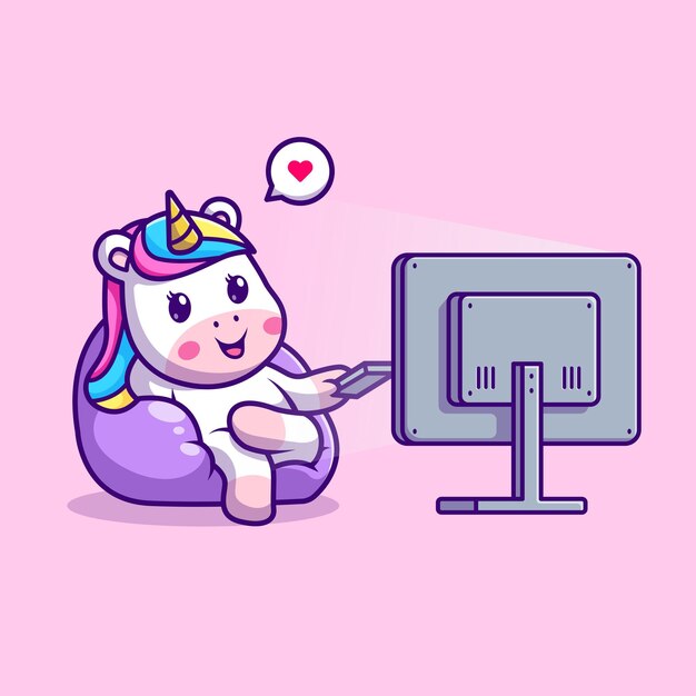 Lindo Unicornio Viendo Tv Dibujos Animados Vector Icono Ilustración. Concepto de icono de tecnología animal aislado