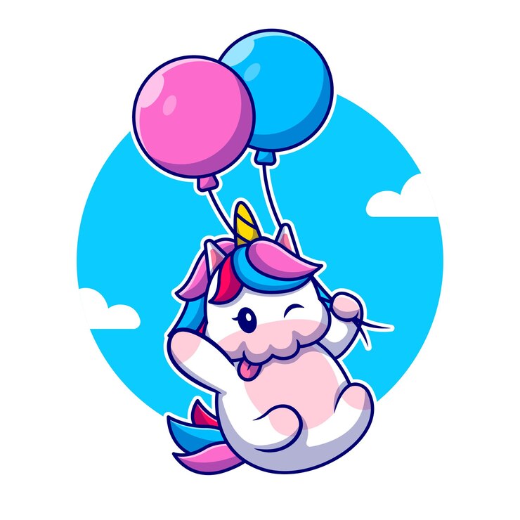 Vector gratuito lindo unicornio volando con ilustración de icono de dibujos animados de globo. concepto de icono de amor animal aislado. estilo de dibujos animados plana