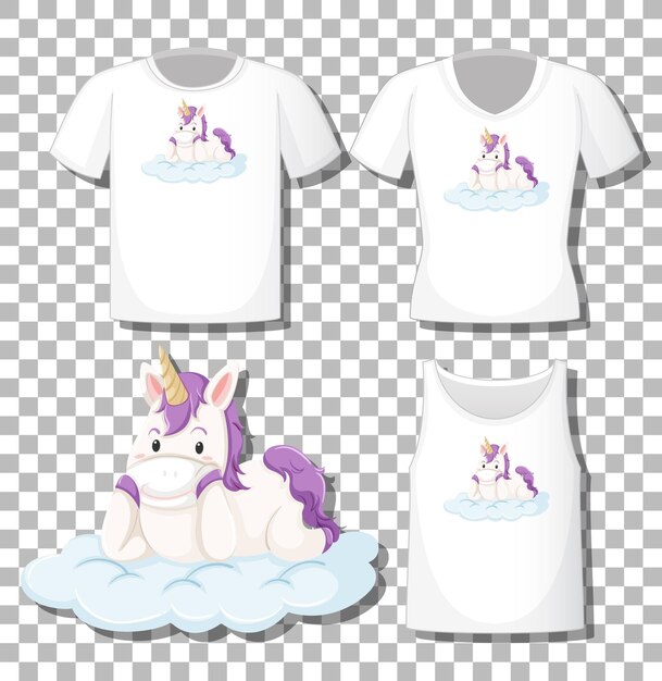 Lindo unicornio yacía en el personaje de dibujos animados de la nube con un conjunto de camisas diferentes aisladas sobre fondo transparente