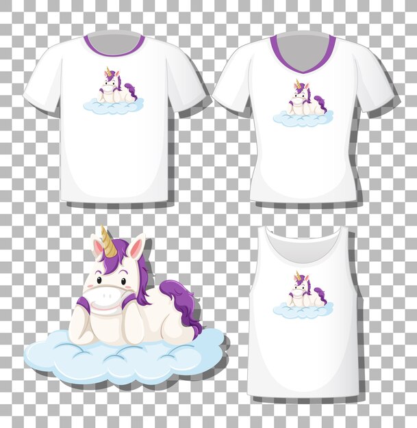 Lindo unicornio yacía en el personaje de dibujos animados de la nube con un conjunto de diferentes camisas aisladas sobre fondo transparente