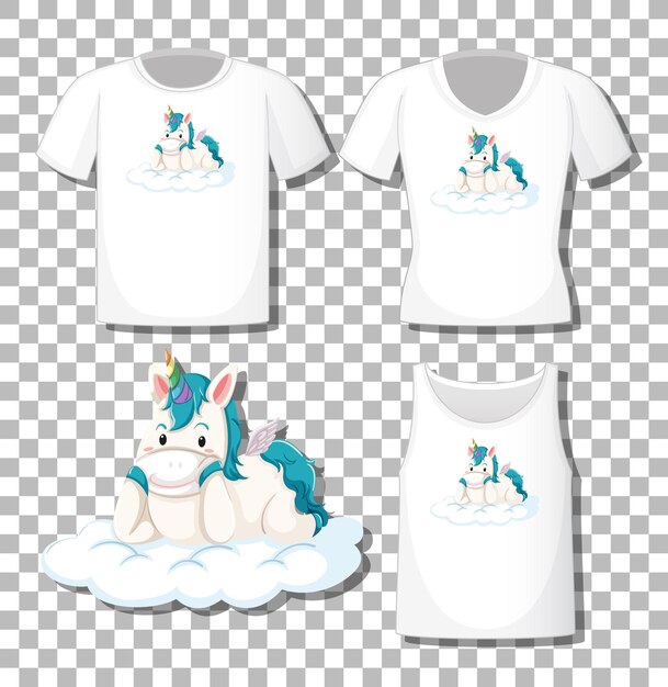 Lindo unicornio yacía en el personaje de dibujos animados de la nube con un conjunto de diferentes camisas aisladas sobre fondo transparente