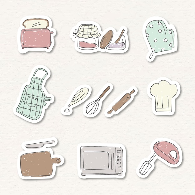 Lindo, utensilios de cocina, garabato, pegatina, conjunto, vector