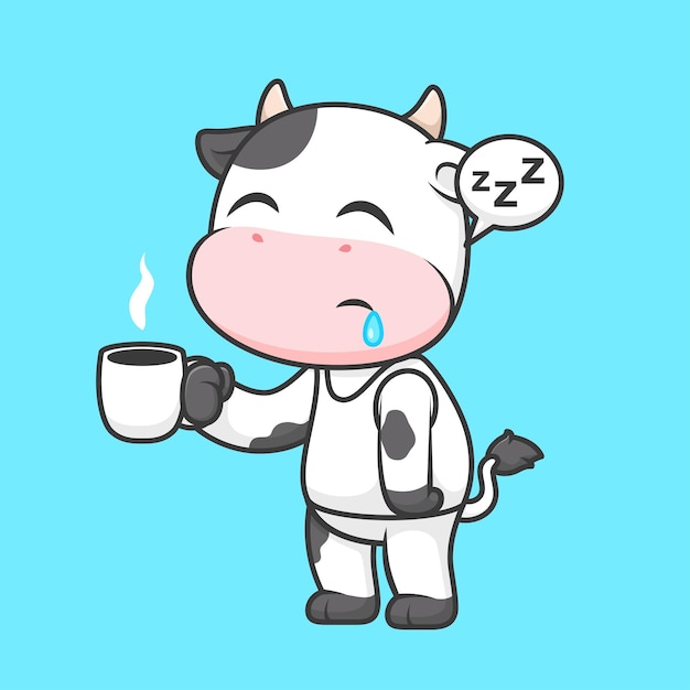 Lindo vaca dormida sosteniendo café dibujos animados icono vectorial ilustración de animales icono de bebida aislado plano