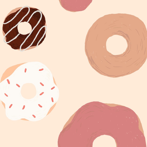 Lindo vector de fondo con dibujos de donas en estilo rosa lindo dibujado a mano