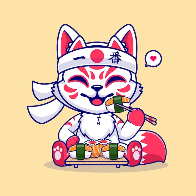 Vector gratuito lindo zorro kitsune comiendo sushi con palillos dibujos animados vector icono ilustración alimento animal aislado