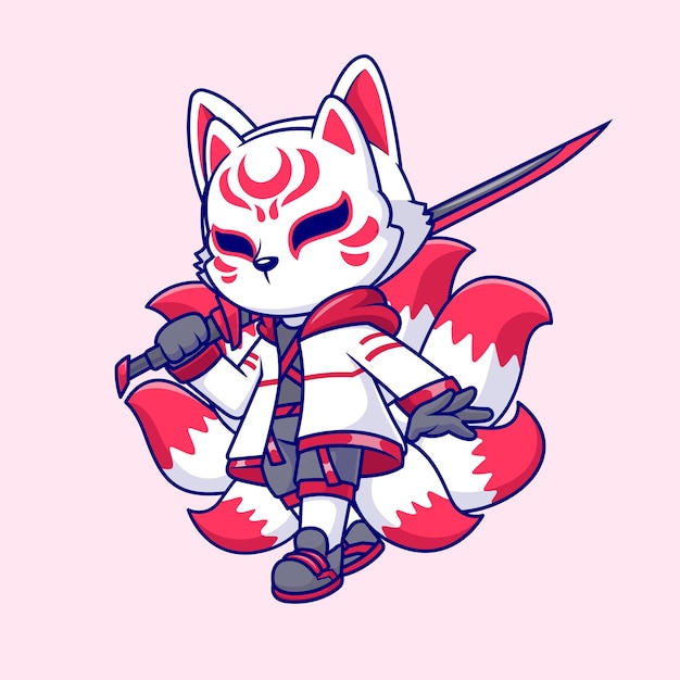 Lindo Zorro Kitsune Guerrero Sosteniendo Katana Espada Dibujos Animados Vector Icono Ilustración Animal Vacaciones Piso