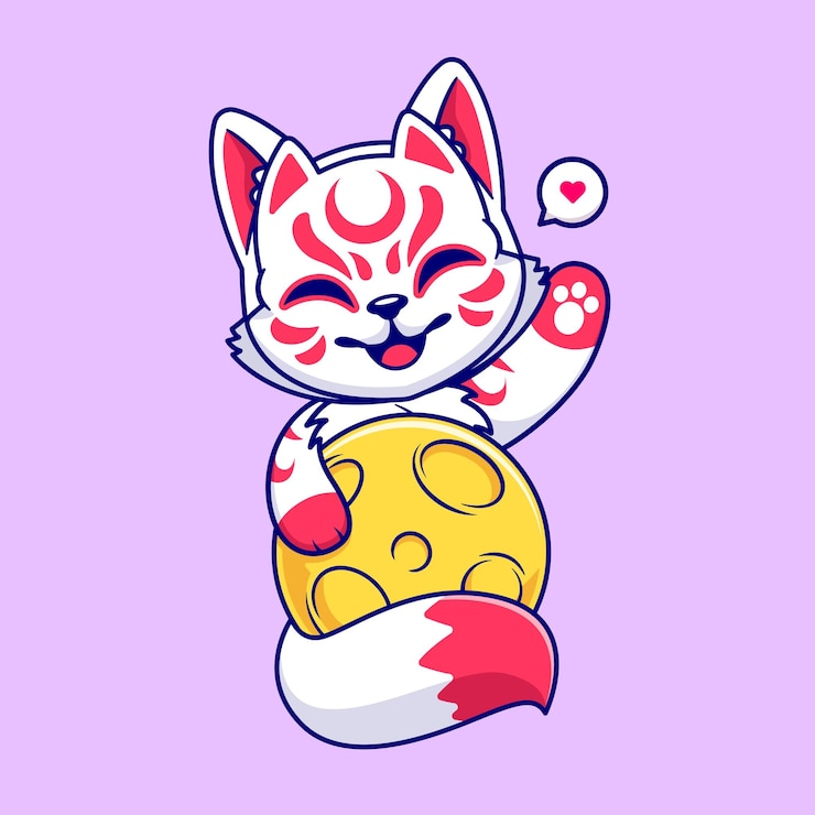 Vector gratuito lindo zorro kitsune sosteniendo la luna y agitando la mano dibujos animados vector icono ilustración animal vacaciones piso