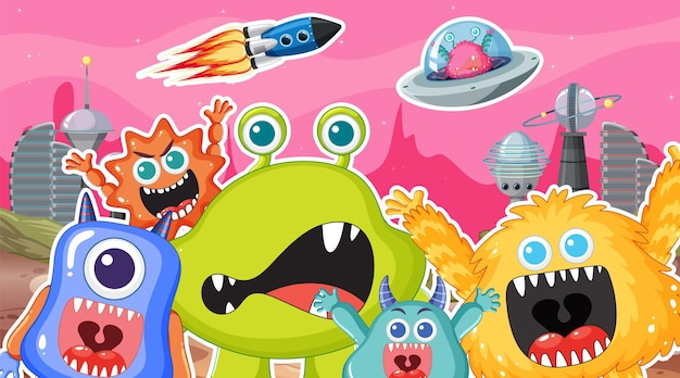 Lindos amigos de dibujos animados de monstruos alienígenas en el espacio exterior