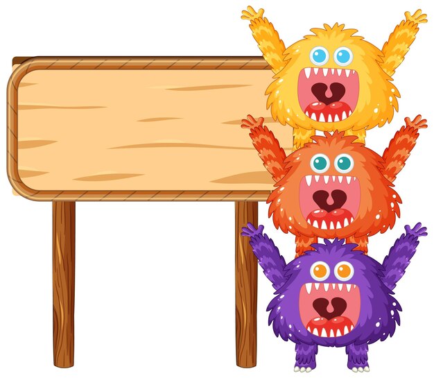 Lindos Amigos Monstruo Feliz Sosteniendo Letrero Madera Banner