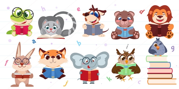 Lindos animales de dibujos animados y pájaros leyendo libros