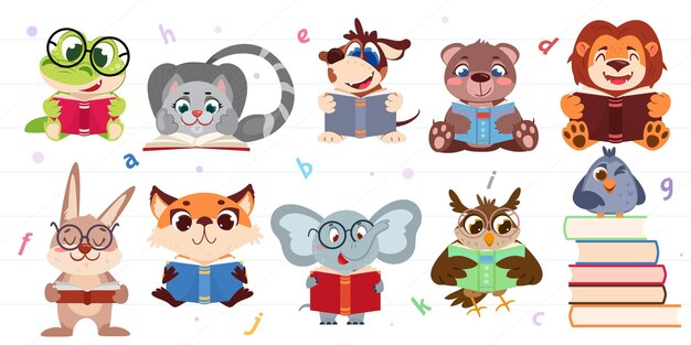 Lindos animales de dibujos animados y pájaros leyendo libros