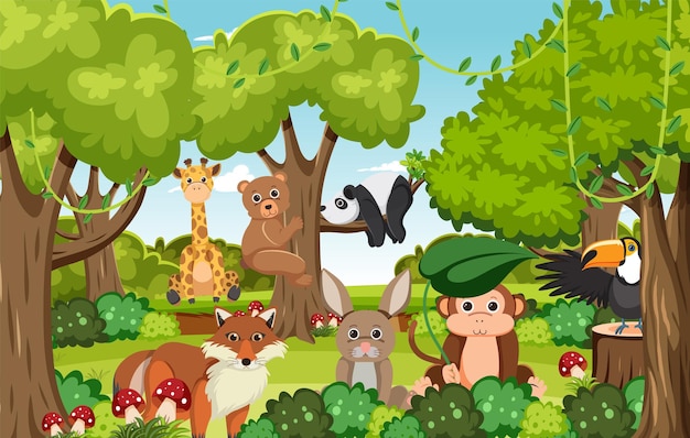 Vector gratuito lindos animales salvajes en el bosque