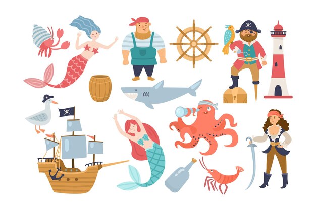 Lindos animales submarinos, conjunto de ilustración de dibujos animados de ladrones de mar. Sirena, medusa, barco con ancla, cangrejo, pulpo, personaje de capitán infantil, faro sobre fondo blanco. Marina, concepto oceánico