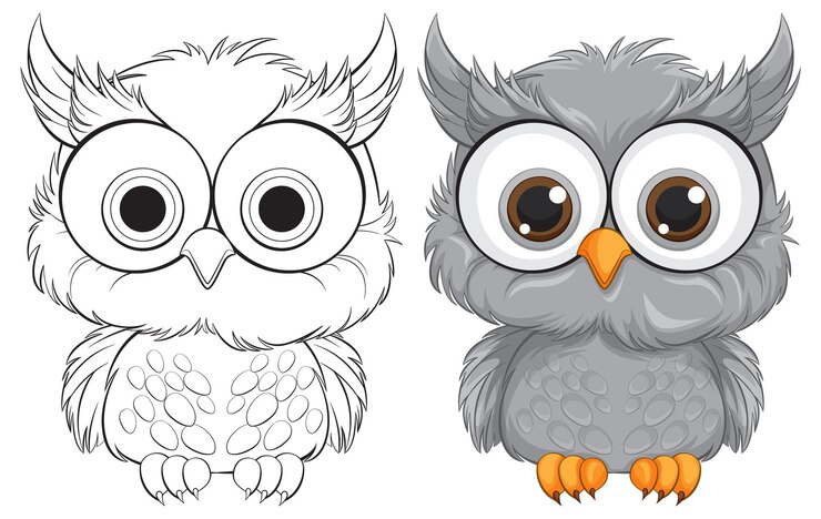 Vector gratuito los lindos búhos de dibujos animados en monocromático y color