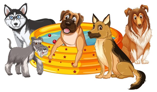 Vector gratuito lindos cachorros en piscina de goma