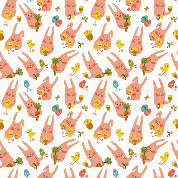 Vector gratuito lindos conejos felices de pascua con pollos flores huevos y zanahorias doodle de patrones sin fisuras