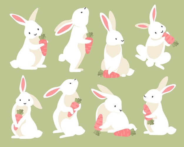 Lindos conejos con zanahoria en diferentes poses conjunto de dibujos animados aislado en ilustración de vector de fondo verde claro