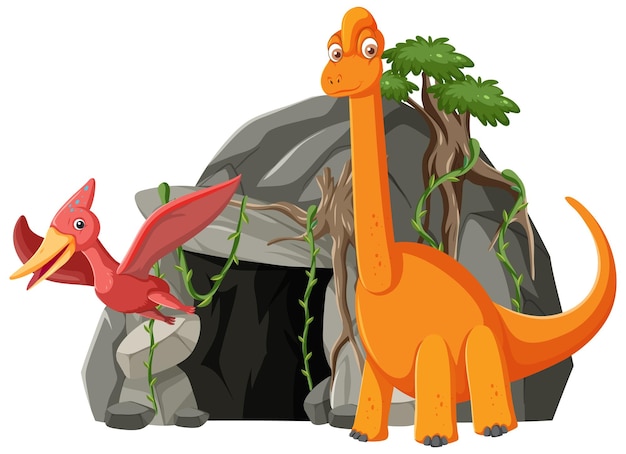 Vector gratuito lindos dinosaurios y cueva de piedra.