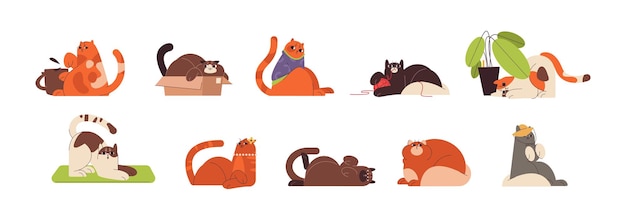 Vector gratuito lindos gatos de jengibre planos en diferentes poses divertidas jugando y relajándose