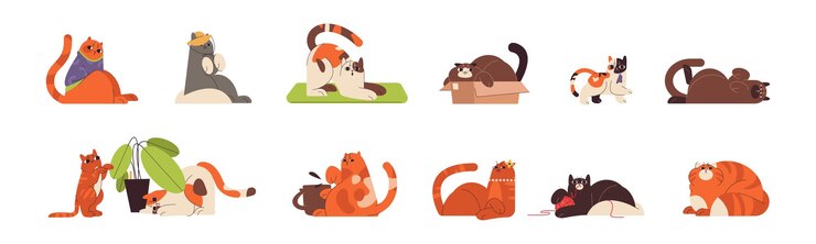 Vector gratuito lindos gatos de jengibre planos en diferentes poses divertidas jugando y relajándose