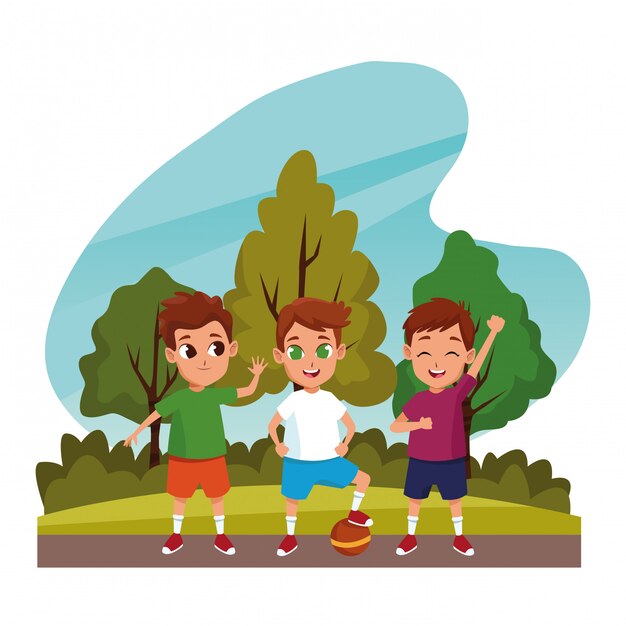Lindos niños jugando en los dibujos animados de la naturaleza.