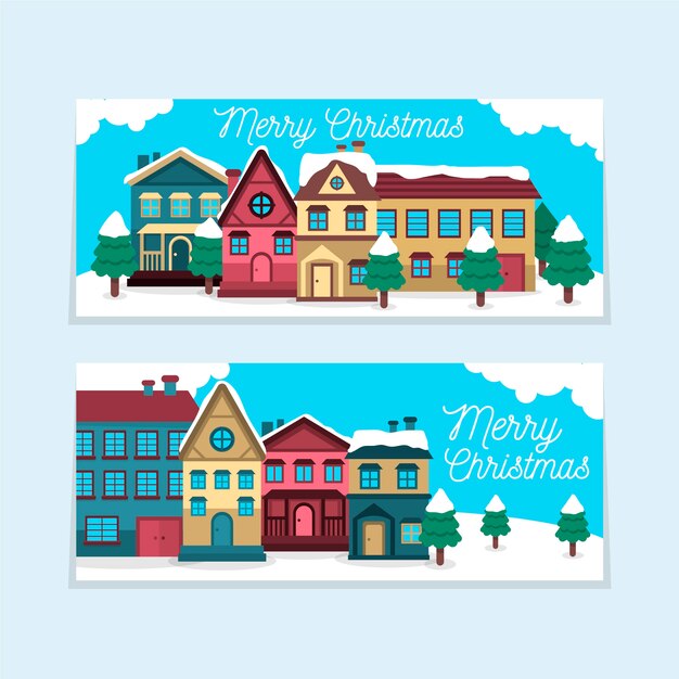 Lindos pancartas planas de la ciudad de Navidad