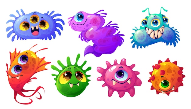 Lindos personajes de bacterias, gérmenes y virus aislados sobre fondo blanco. Conjunto de dibujos animados de vector de bacterias divertidas, microorganismos y células de biología con flagelos y caras