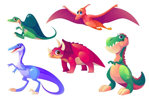 Lindos personajes de dinosaurios. Triceratops, spinosaurus, tyrannosaurus rex, velociraptor y pterodáctilo aislado sobre fondo blanco. Conjunto de dibujos animados de vector de dino divertido, animales prehistóricos fósiles