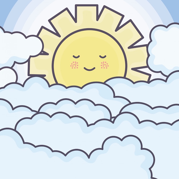 Vector gratuito lindos personajes de kawaii de sol y nubes de verano