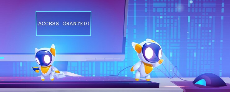 Vector gratuito lindos robots, asistentes digitales en el teclado de la computadora. ilustración de dibujos animados vectoriales de bots de chat, ciborgs electrónicos divertidos con ia y pantalla de computadora con acceso otorgado