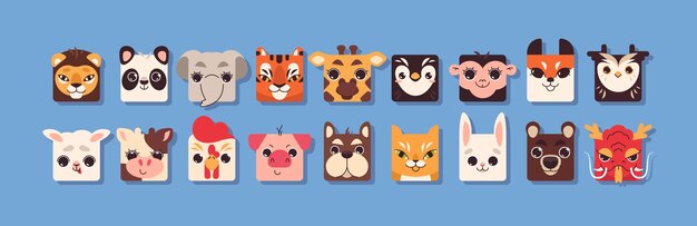 Lindos rostros de animales cuadrados en estilo plano Colección de niños divertidos forma de cabeza de safari de mascotas y elementos de zoológico de animales de granja para niños Icono de avatares coloridos de bebé establecido para la aplicación de juego de interfaz de usuario móvil