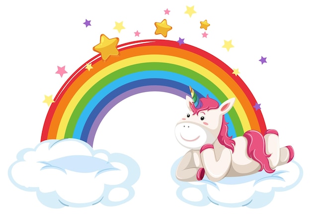 Lindos unicornios acostados en una nube con arco iris