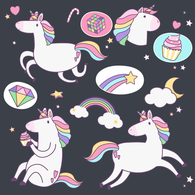 Lindos unicornios con el elemento mágico pegatinas vector
