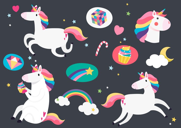 Vector gratuito lindos unicornios con el elemento mágico pegatinas vector